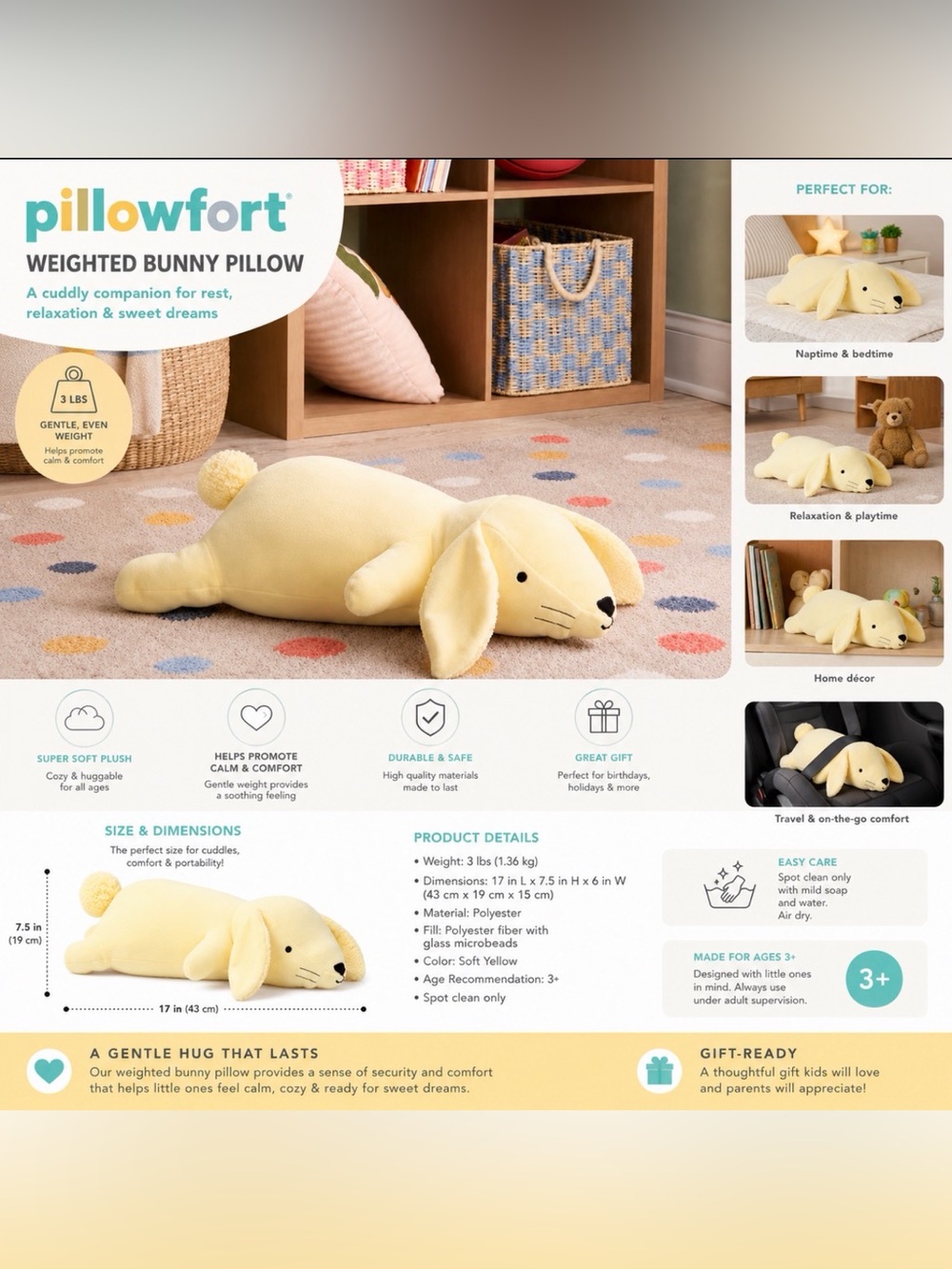 Pillowfort Weighted Bunny Plush Pillow Soft Yellow 3 lb Weighted Comfort Pillow
